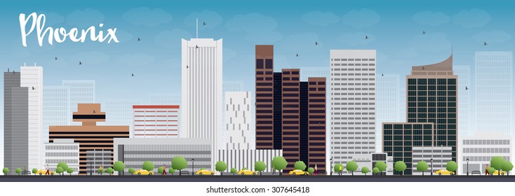 Phoenix Skyline with Grey Buildings and Blue Sky. Vector Illustration. Business travel and tourism concept with modern buildings. Image for presentation, banner, placard and web site.