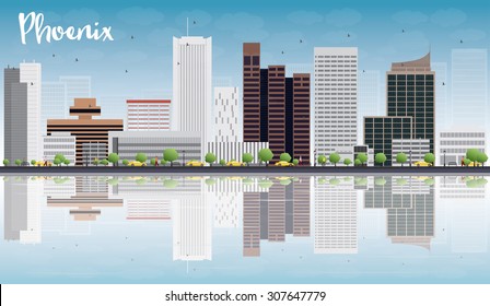 Phoenix Skyline with Grey Buildings, Blue Sky and reflections. Vector Illustration. Business travel and tourism concept with place for text. Image for presentation, banner, placard and web site.