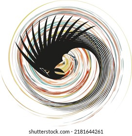 Phoenix splash on a white backdrop for fashion trends or emblems. Vortex black bird against colored spiral elements for prints on T-shirts, fabrics, textiles, logos, covers, web icons, tattoos, etc.  