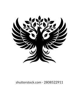 Phoenix Tree icon blending the tree of life with phoenix wings. Premium black and white vector emblem symbolizing renewal, growth, and resilience.