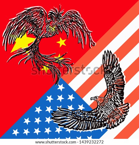 A phoenix tussle with an eagle over China and USA flag for the concept: China versus America on Trade War. Vector illustration. 