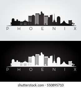 Phoenix USA skyline and landmarks silhouette, black and white design, vector illustration.