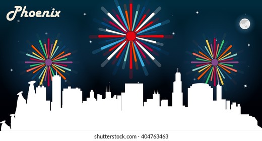 Phoenix USA skyline silhouette vector design, dark night sky with fireworks