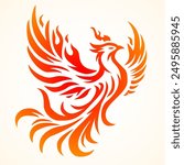 Phoenix. Vector illustration of fire bird in tattoo style. Logo for a sports team or fashionable clothes. Mythical symbol of freedom, rebirth and rising. Phoenix emblem in flames.