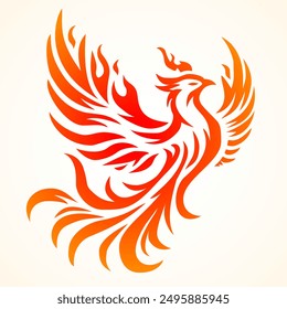 Phoenix. Vector illustration of fire bird in tattoo style. Logo for a sports team or fashionable clothes. Mythical symbol of freedom, rebirth and rising. Phoenix emblem in flames.