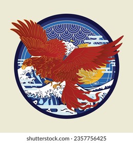 phoenix vector illustration with japanese style background for logo