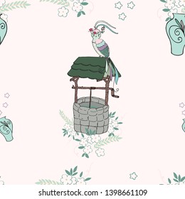 Phoenix with water well and flowerpot vector pattern 