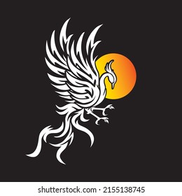logotipo foenix blanco y lunar, silueta de pájaro de fantasía abstracta volando en las ilustraciones del vector de oscuridad