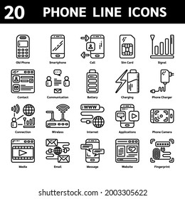 Phone of 20 Line icons set for UX,UI, media, application, website. Vector illustration included icons such as Smartphone, Sim Card, Signal, Contact, Connection, Wireless, Internet, Email, Fingerprint