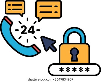A phone with a 24 hour call button and a keypad with a lock on it. The lock is blue and yellow