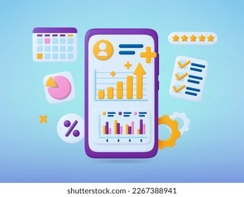 Phone 3d data analytics. Statistical graphs on smartphone screen, classification. Business growth, digital finance progress, mobile banking app pithy vector template