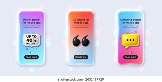 Phone 3d mockup gradient screen. Up to 40 percent discount. Sale offer price sign. Special offer symbol. Save 40 percentages. Discount tag phone mockup message. 3d chat speech bubble. Vector
