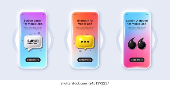 Pantalla de degradado de maqueta 3D del teléfono. Super etiqueta de descuento. Signo de venta. Símbolo de descuentos publicitarios. Mensaje de maqueta de teléfono súper descuento. burbuja de voz de chat 3d. App de cuadro de texto amarillo. Vector