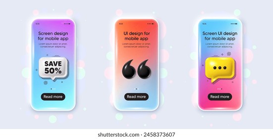 Phone 3d mockup gradient screen. Save 50 percent off tag. Sale Discount offer price sign. Special offer symbol. Discount phone mockup message. 3d chat speech bubble. Yellow text box app. Vector