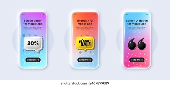 Pantalla de degradado de maqueta 3D del teléfono. 20 por ciento de descuento. Precio de oferta de descuento. Símbolo de oferta especial. Mensaje de maqueta de teléfono con descuento. Burbuja de voz de chat de venta flash. App de cuadro de texto amarillo. Vector