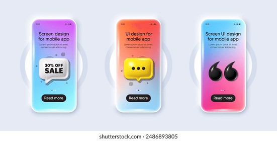 Phone 3d mockup gradient screen. Sale 30 percent off discount. Promotion price offer sign. Retail badge symbol. Sale phone mockup message. 3d chat speech bubble. Yellow text box app. Vector