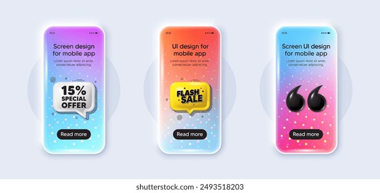 Phone 3d mockup gradient screen. 15 percent discount offer tag. Sale price promo sign. Special offer symbol. Discount phone mockup message. Flash sale chat speech bubble. Yellow text box app. Vector