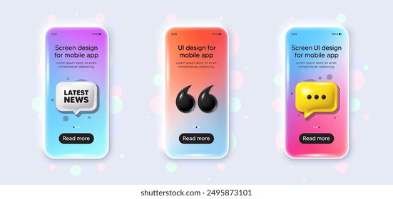 Phone 3d mockup gradient screen. Latest news tag. Media newspaper sign. Daily information symbol. Latest news phone mockup message. 3d chat speech bubble. Yellow text box app. Vector