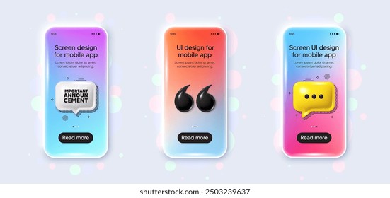 Phone 3d mockup gradient screen. Important announcement tag. Special offer sign. Advertising discounts symbol. Important announcement phone mockup message. 3d chat speech bubble. Vector