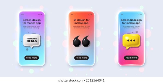 Phone 3d mockup gradient screen. Doorbuster deals tag. Special offer price sign. Advertising discounts symbol. Doorbuster deals phone mockup message. 3d chat speech bubble. Yellow text box app. Vector