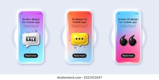 Phone 3d mockup gradient screen. Overstock sale tag. Special offer price sign. Advertising discounts symbol. Overstock sale phone mockup message. 3d chat speech bubble. Yellow text box app. Vector