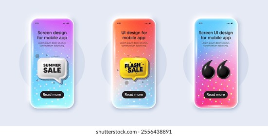 Phone 3d mockup gradient screen. Summer Sale tag. Special offer price sign. Advertising Discounts symbol. Summer sale phone mockup message. Flash sale chat speech bubble. Yellow text box app. Vector