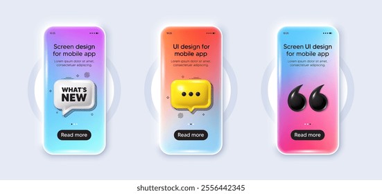 Phone 3d mockup gradient screen. Whats new tag. Special offer sign. New arrivals symbol. Whats new phone mockup message. 3d chat speech bubble. Yellow text box app. Vector