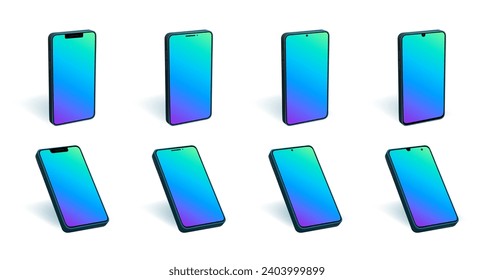 Phone 3d perspective mockup. Color smartphone brand interface display with minimal copy space vector pattern. Touch screen ui interface