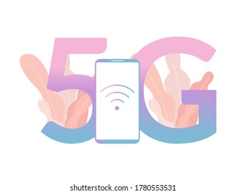 Phone with 5g wireless technology icon isolated. Smartphone and 5G symbol with flora, vector illustration.
