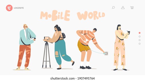 Phone Accessories Landing Page Template. Young Characters Using Modern Digital Devices and Gadgets. People with Tripod for Smartphone, Usb Connection, Charger, Memory. Cartoon Vector Illustration