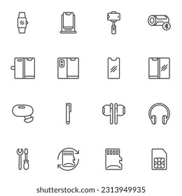 Phone accessories line icons set, outline vector symbol collection, linear style pictogram pack. Signs, logo illustration. Set includes icons as mobile phone protection glass, repair service, earbuds