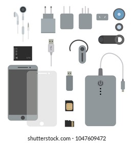 Phone accessories set flat vector illustration. Concept kit for a smart phone. Mobile, uk, us, eu, au plug, headphones, accumulator, paverbank, micro SD card, sim card, headset, lens, protective film.