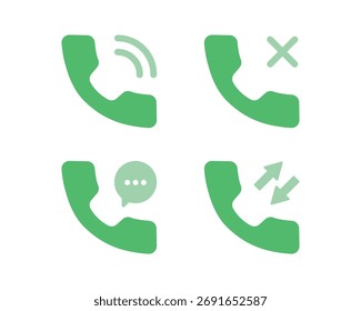 Ícone de ação do telefone definido com destinatários verdes e símbolos para chamada, recusa, mensagem e transferência