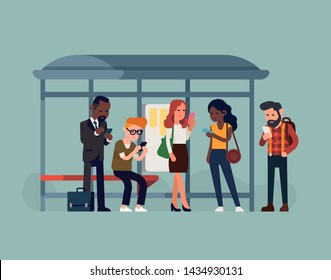 Phone addicted commuters at bus stop. Diverse group of people checking their phones whilst waiting for bus. Screen time and phone addiction concept  vector illustration