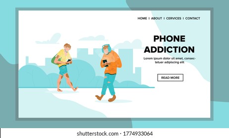 Phone Addiction And Degradation Problem Vector. Human Men Walk On Street With Smartphone And Wearing Headphones, Gadget Addiction. Characters Degrade Ape Web Flat Cartoon Illustration