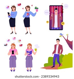 Phone addiction and excessive social media negative effects banners, flat vector illustration isolated on white background. FOMO and JOMO relationship with technology.