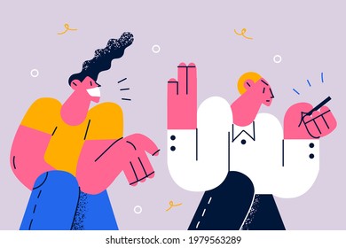 Phone addiction and facial emotions concept. Attractive smiling ignored woman looking at young handsome man looking at smartphone reading browsing internet vector illustration 