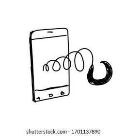 Phone addiction. The picture is hand drawn. Dependence on social networks and smartphone. Vector illustration sketch in doodle style.