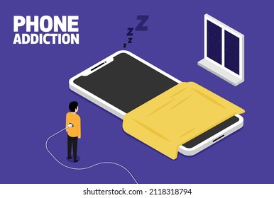 Phone addiction. Smart phone is sleeping while man is charging him self concept isometric vector illustration.