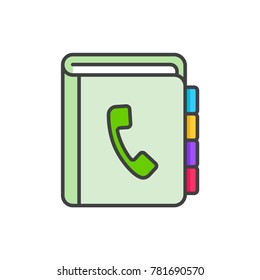 Phone address book flat line colored icon.