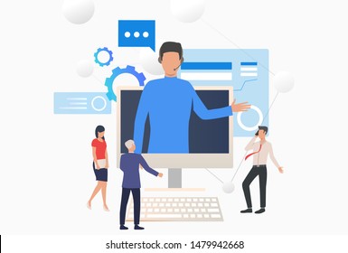 Phone agent wearing headset and consulting customers. Computer, assistance, telemarketing concept. Vector illustration can be used for topics like customer support, call center