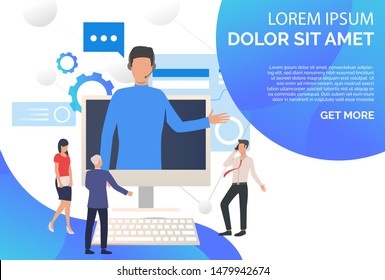 Phone agent wearing headset and consulting clients. Computer, assistance concept. Presentation slide template. Vector illustration for topics like customer support, call center