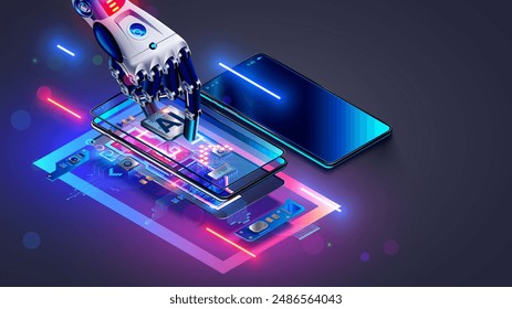 Phone with AI or artificial intelligence. Robot assembly phone on factory. CPU or chip with AI in smartphone. AI processor in electronics industry technology. Assembly phone with AI chip. Phone repair