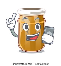 With phone almond butter in a character jar