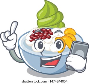 With phone anmitsu is served in cartoon bowl
