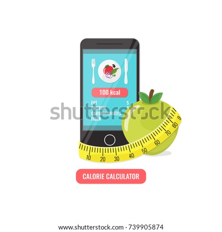 Phone with app of calorie counter, apple and measuring tape. Calorie calculator concept for icons, banners, web mobile design. Vector illustration.