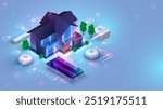 Phone app control Smart home. Smart home technology of house automation system. House standing around phone, wireless connections devices. IOT. Smart home system isometric concept. Internet of things.