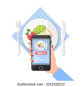 Phone With App Of Counting Calories In Photos On A Smartphone.