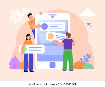 Phone app creation process, web studio, agency. Group of people stand near big phone. Poster for social media, web page, banner, presentation. Flat design vector illustration
