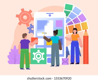 Phone app creation team, web design studio or agency. Group of people stand near big phone. Poster for social media, web page, banner, presentation. Flat design vector illustration